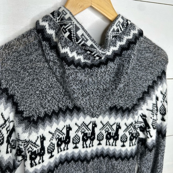 Artesania “Edn” Alpaca Wool Sweater Hoodie Zip-Up Gray White Llama Pattern L - Picture 5 of 7